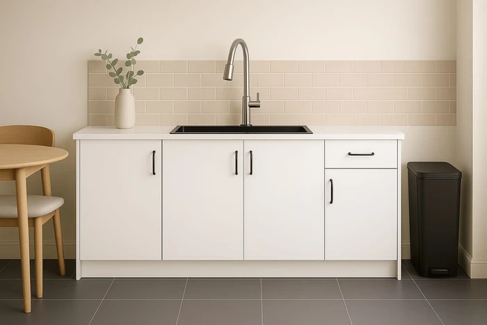 מטבחון 1.6 מטר מפורמייקה בצבע לבן וידיות צבע שחור